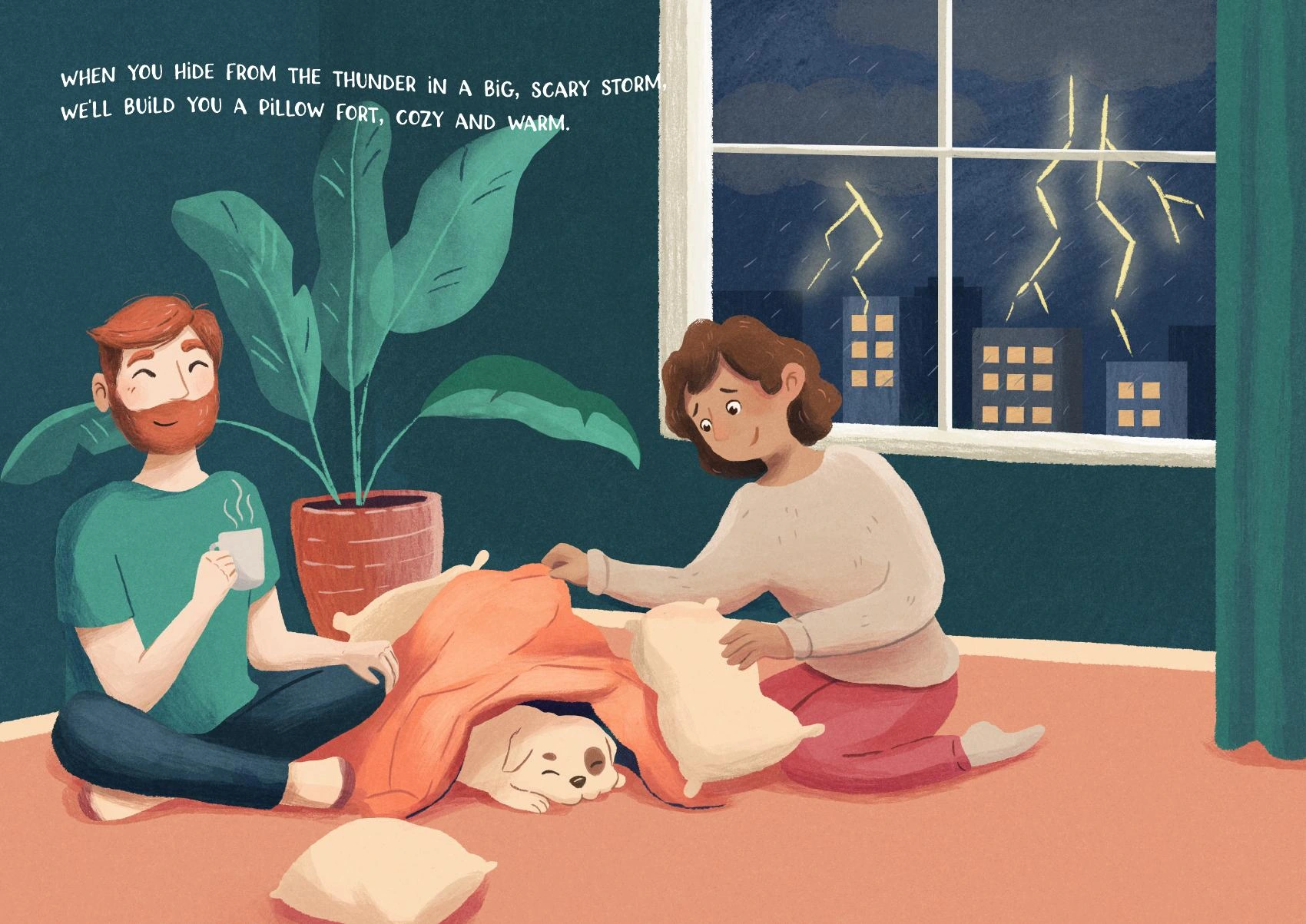 The couple comforting their dog under a blanket during a storm, with text above