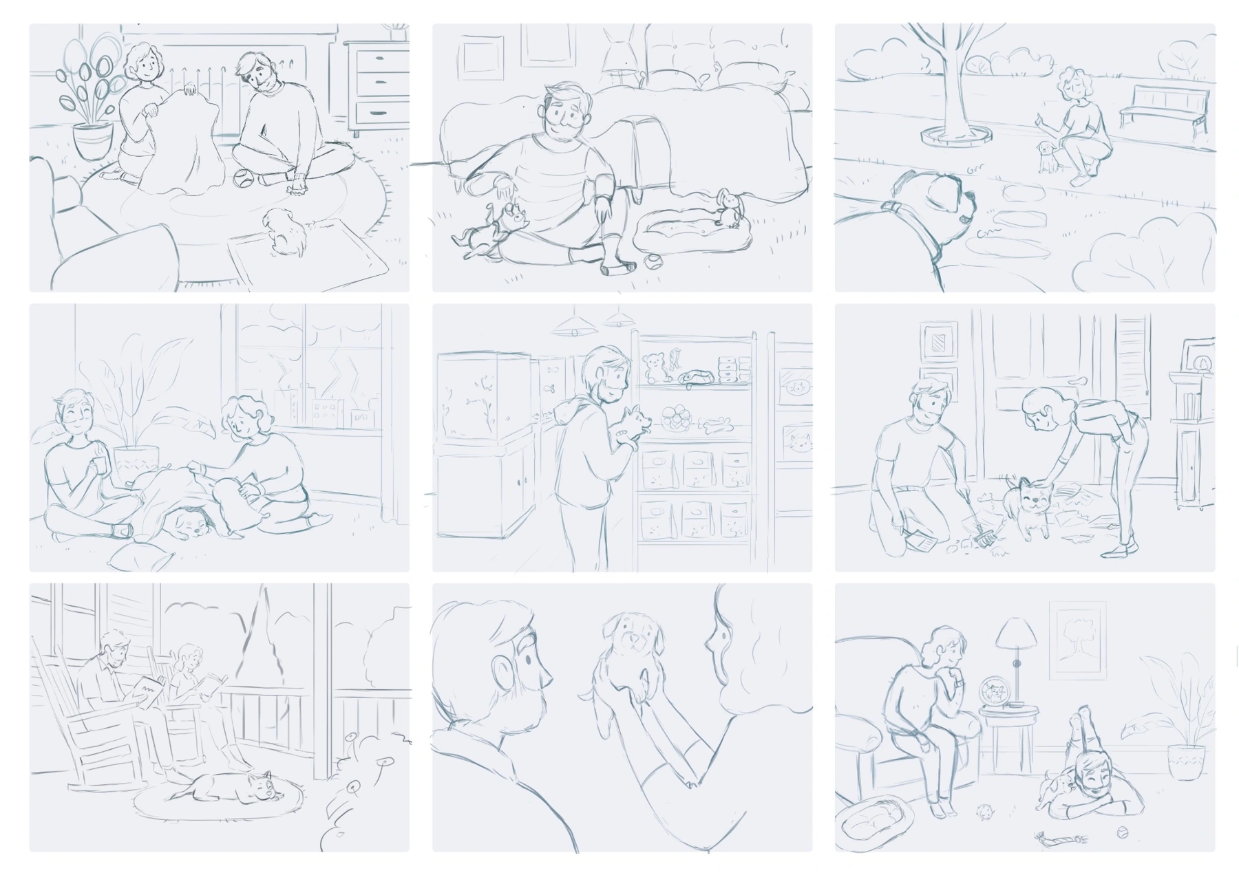 Nine pencil-style storyboard scenes developing the recurring couple and dogs