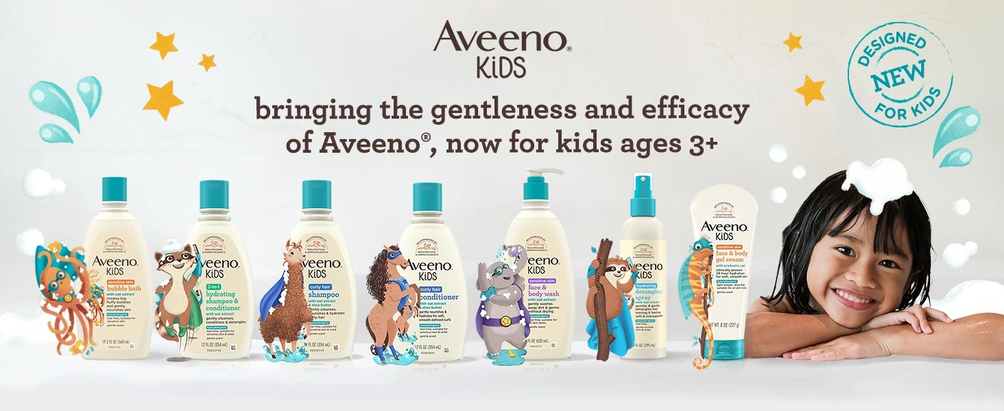 Aveeno Kids campaign banner with product range, animal illustrations and a child