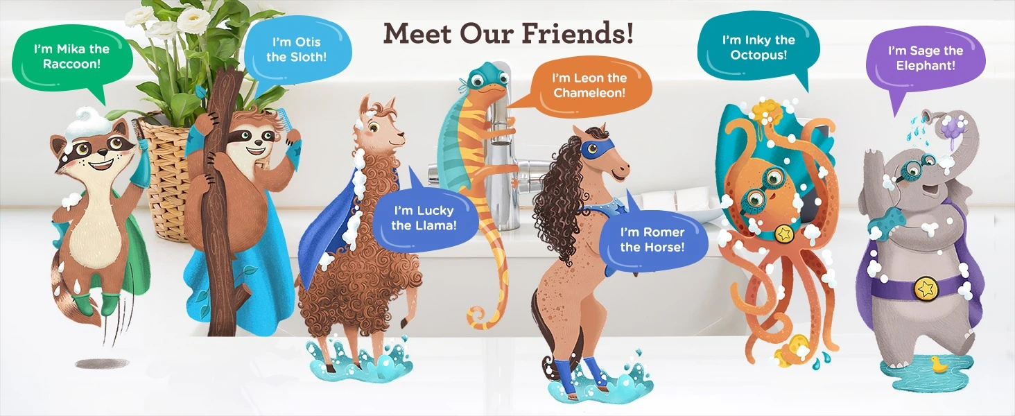 A client-designed Meet Our Friends banner introducing the illustrated Aveeno Kids animal characters