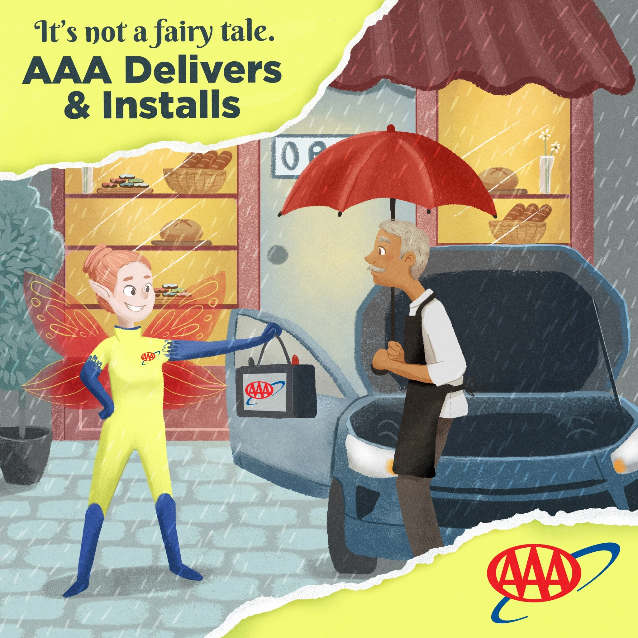 Winged AAA helper bringing a battery to a shop owner in a rainy street campaign image