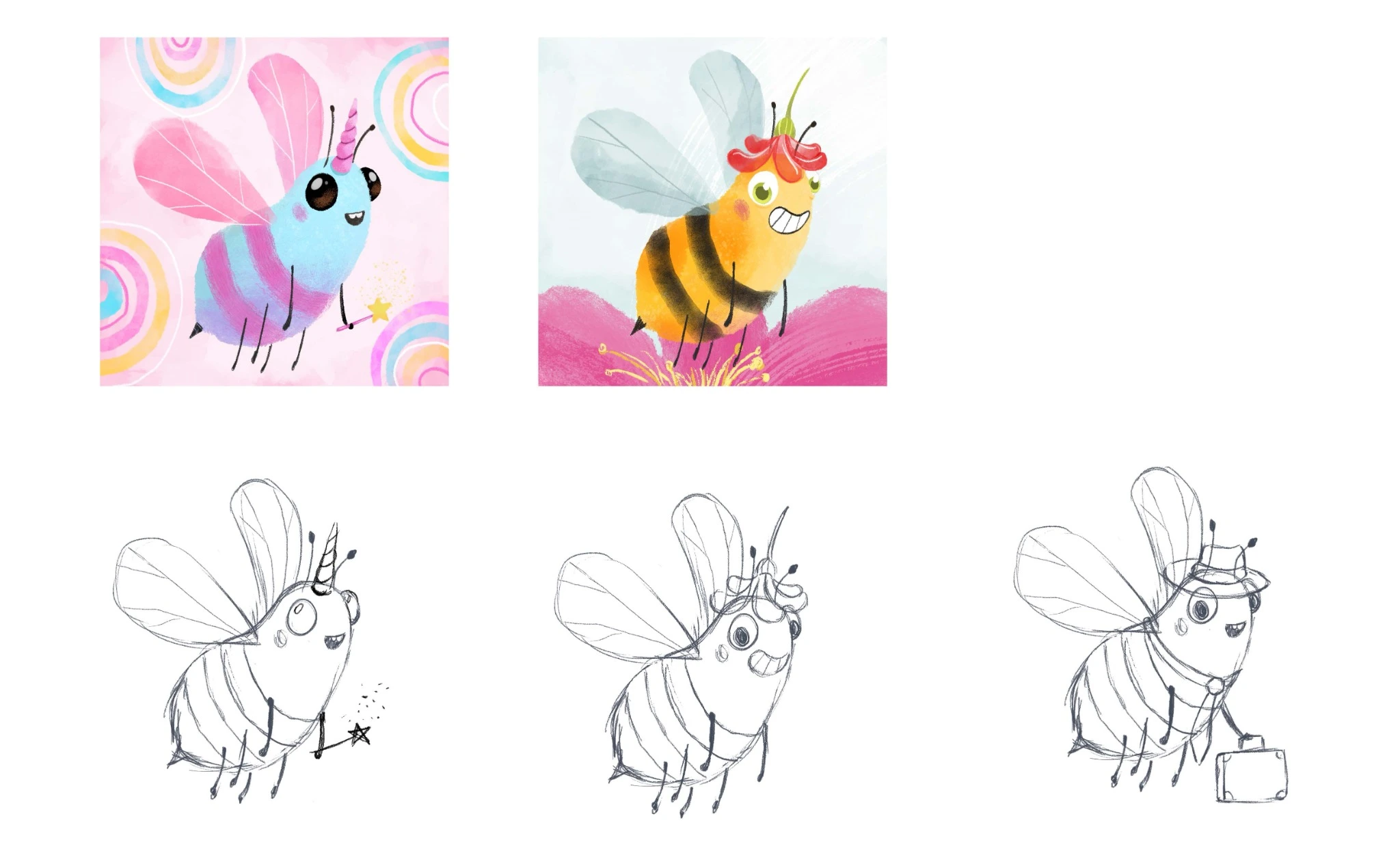 Two finished colorful bee characters above three pencil concept sketches