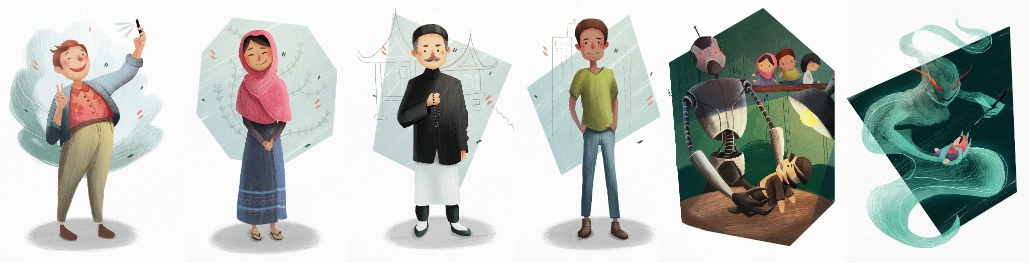 A lineup of four human characters alongside two imaginative narrative illustrations