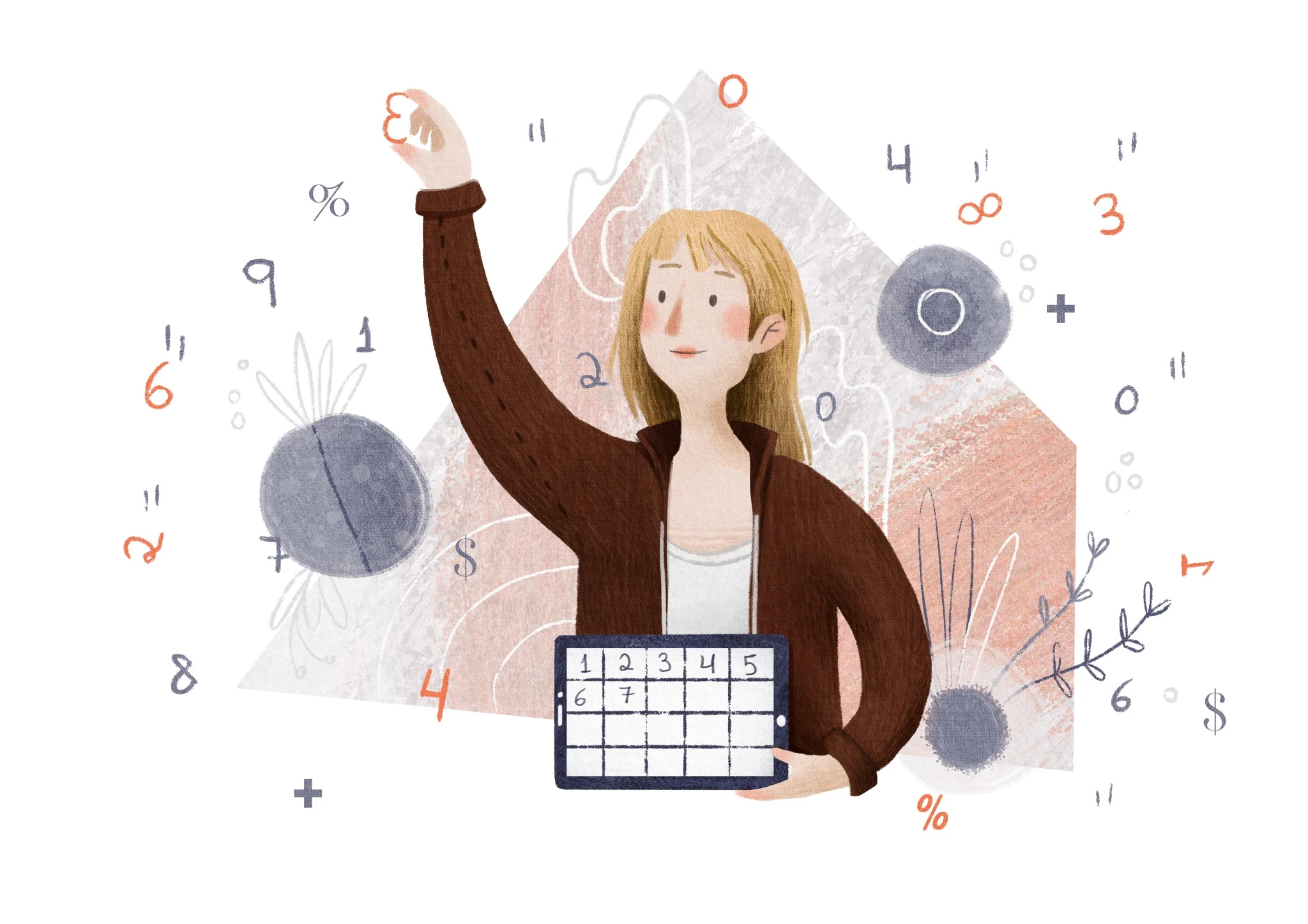 Woman with a tablet surrounded by numbers and mathematical symbols
