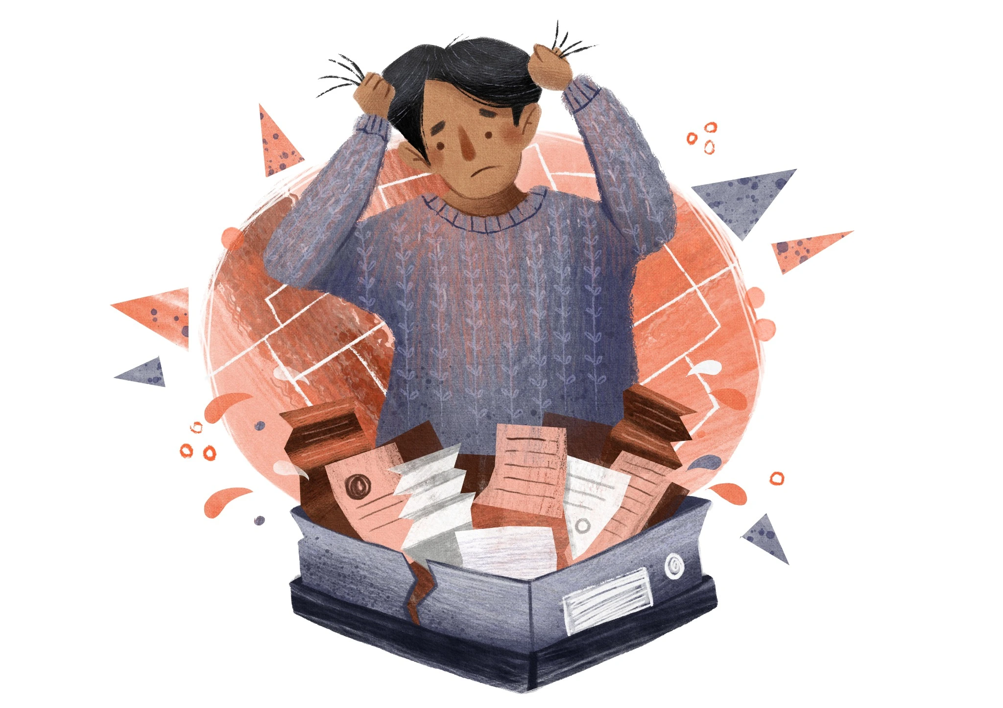 Overwhelmed man surrounded by overflowing paperwork and binders