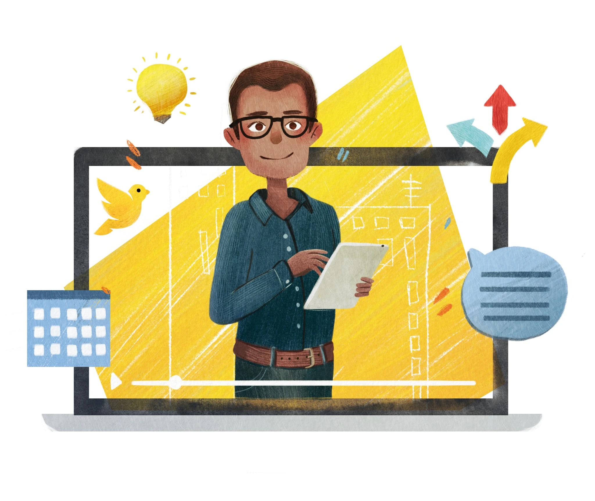 Presenter with a tablet appearing in a laptop screen among communication symbols