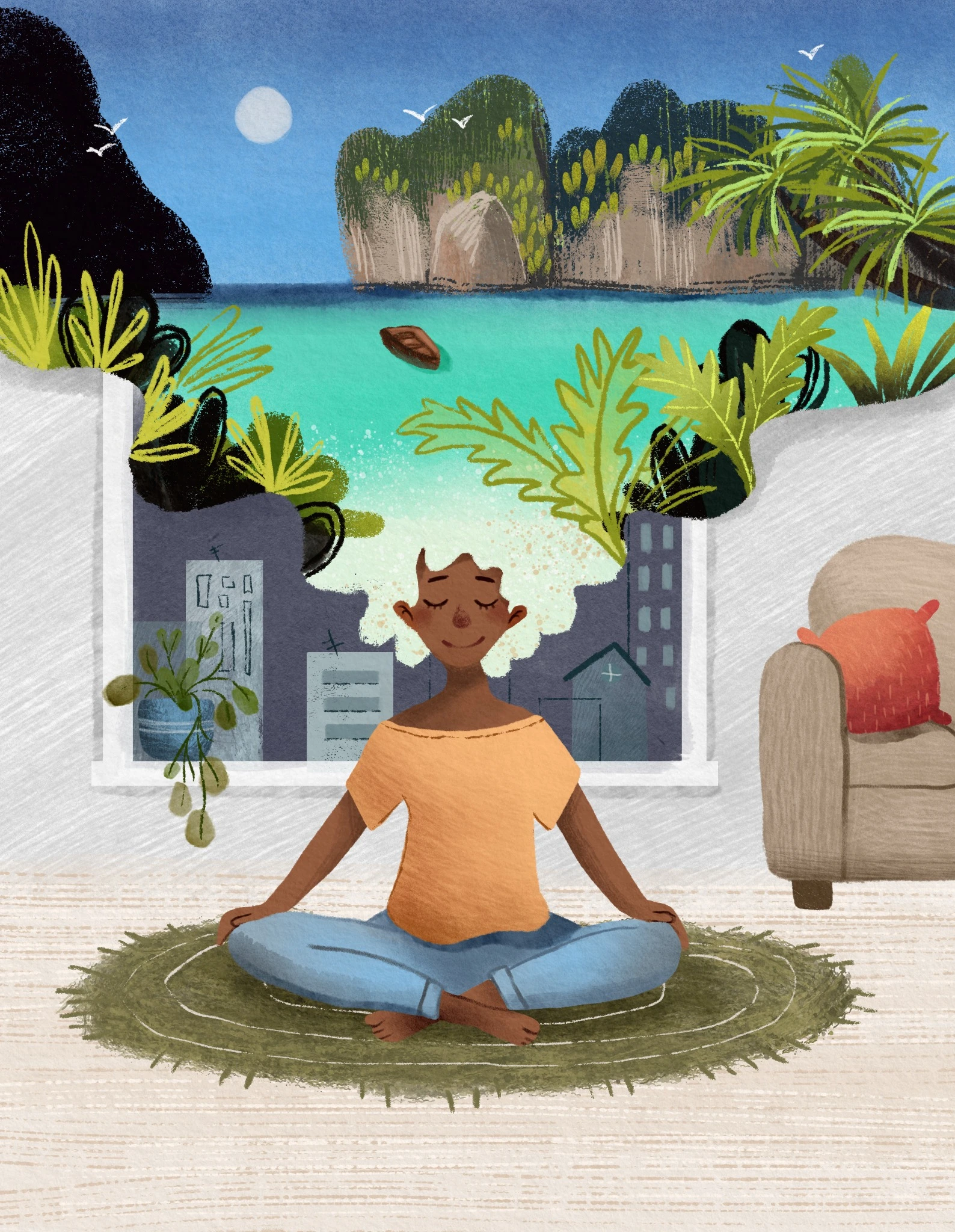 Person meditating indoors while a tropical bay opens above the city window
