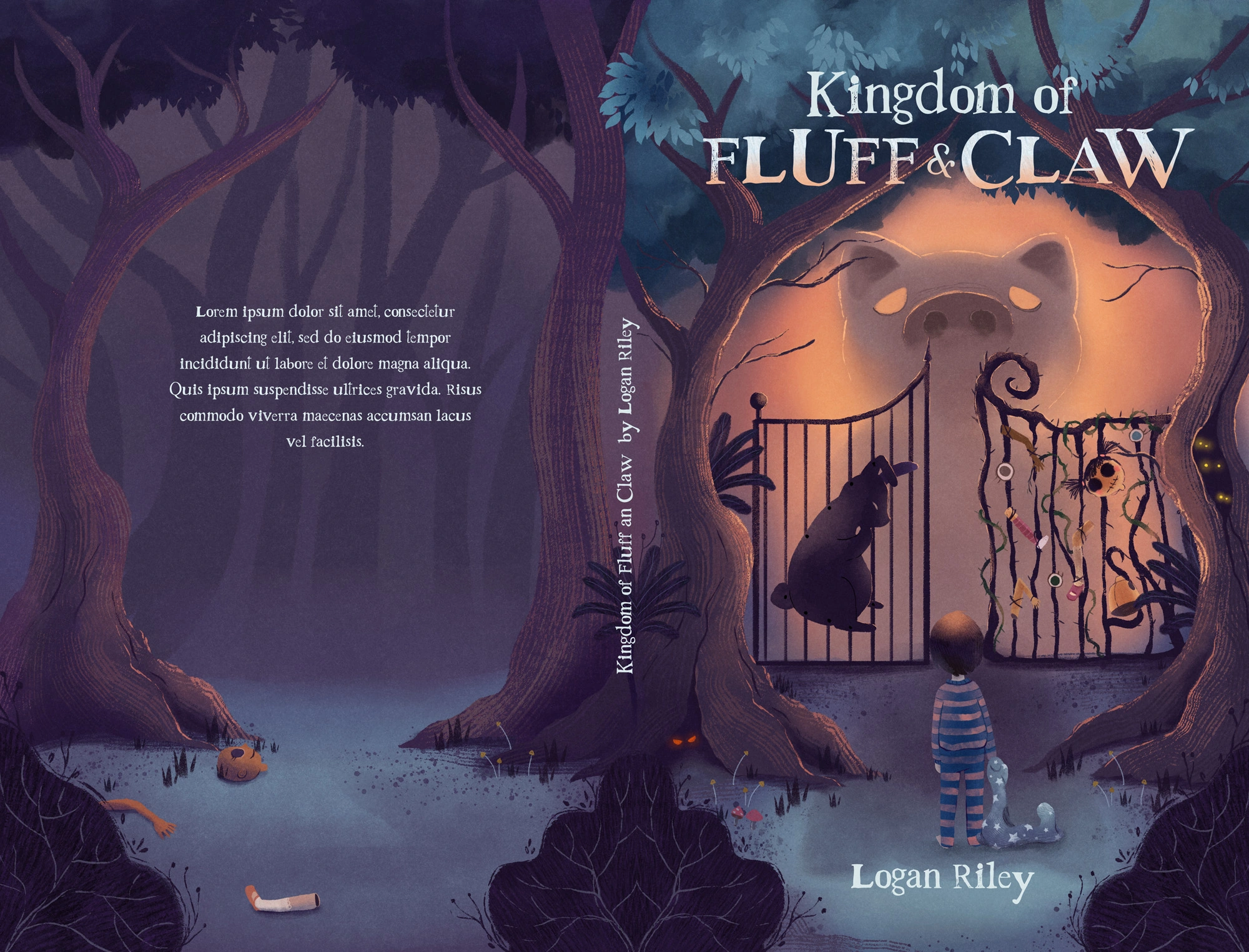Full cover wrap with continuous forest illustration across the back, spine and front; back-cover copy is placeholder text