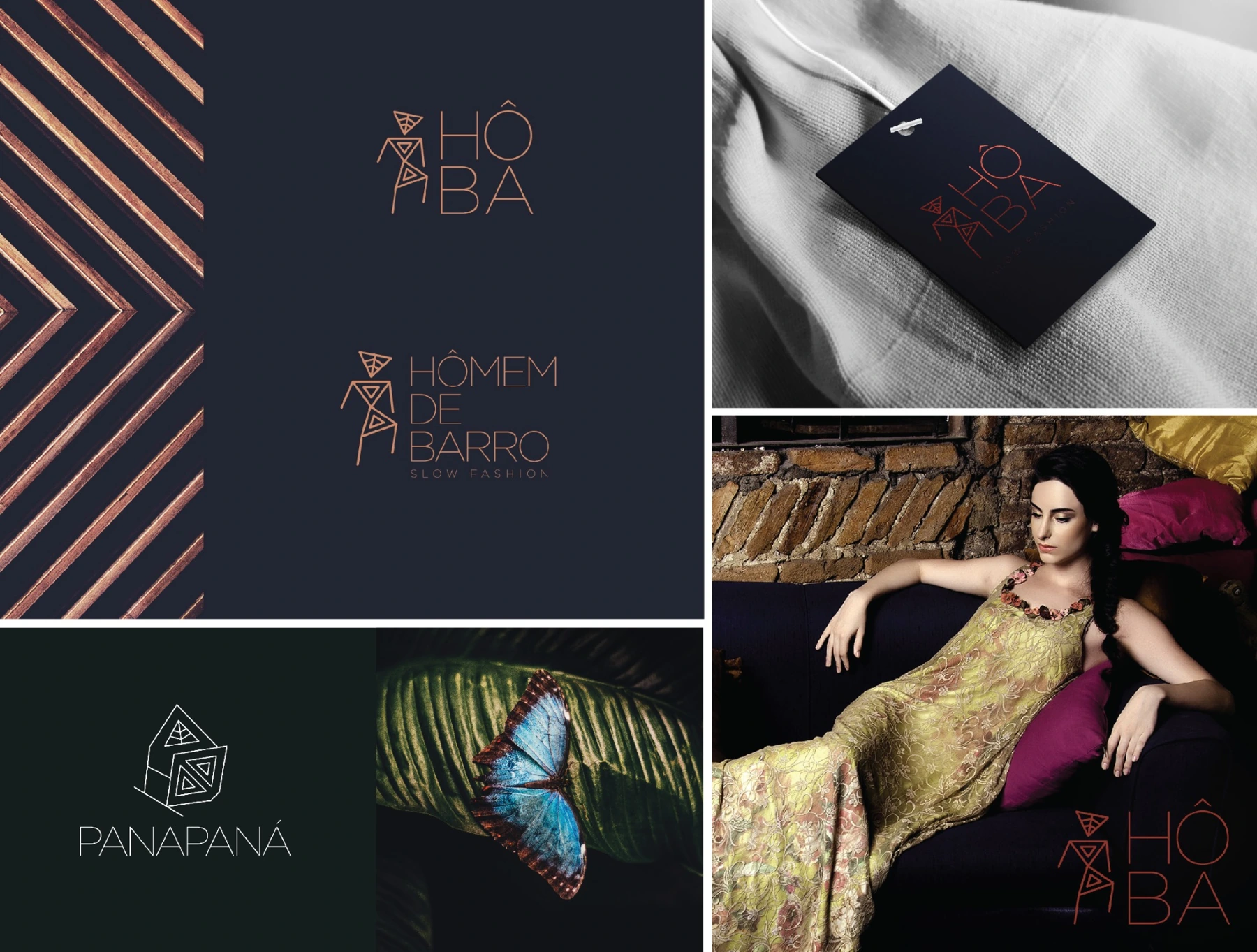 Original presentation board showing Hôba identity and fashion applications, plus the separate Panapaná butterfly mark
