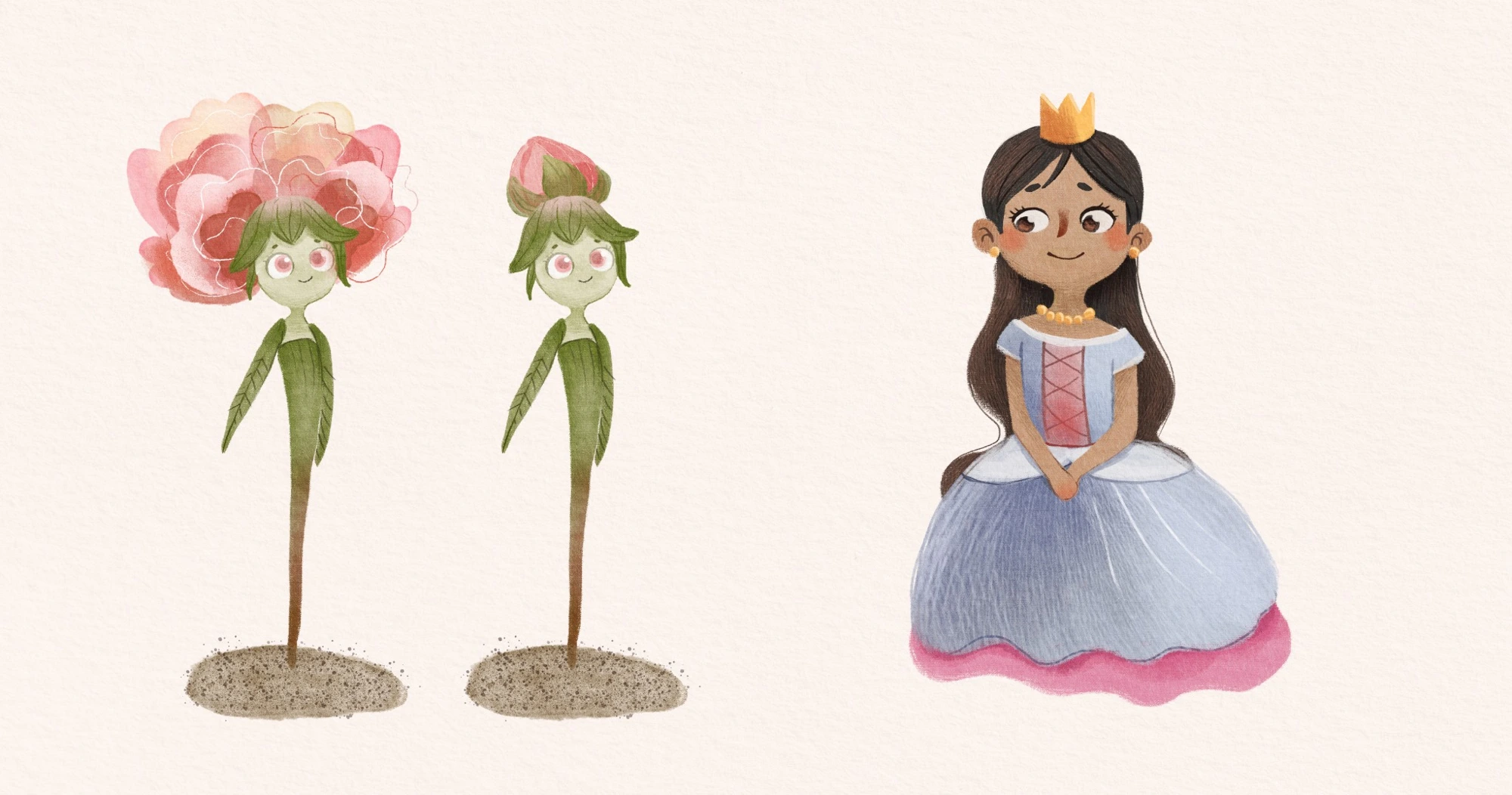 Flower characters with blossom and bud hairstyles beside a princess in a blue dress