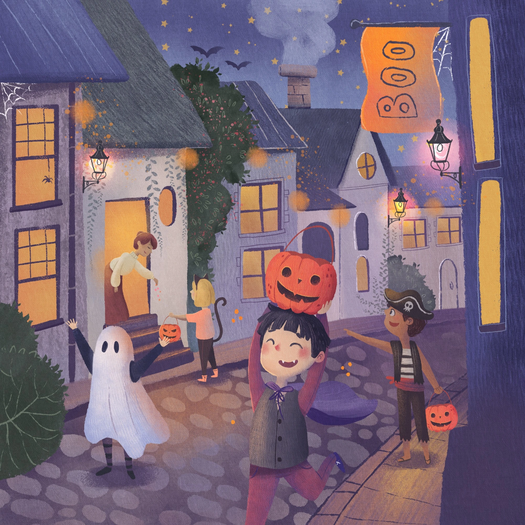 Children in ghost, vampire, cat and pirate costumes trick-or-treating along a lantern-lit street