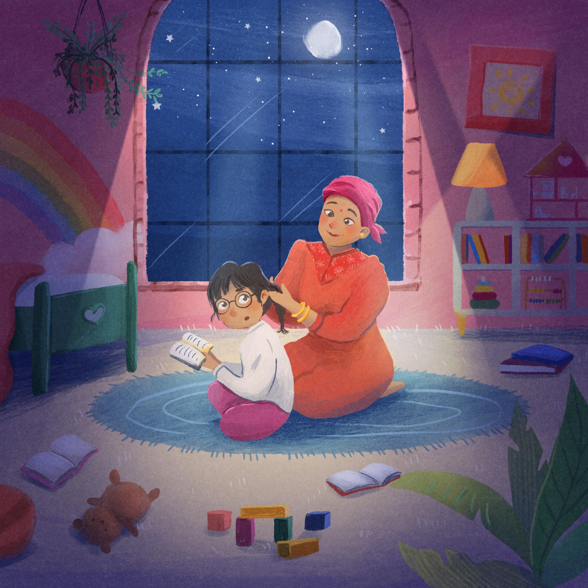 Mother braiding her daughter’s hair as she reads beside a moonlit bedroom window