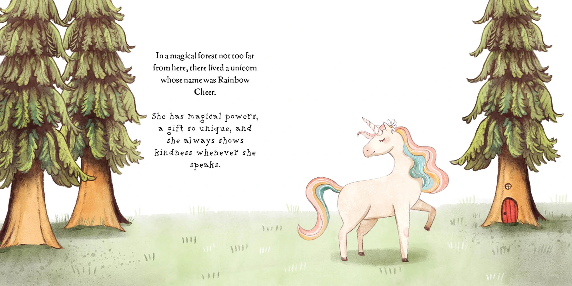 Pastel rainbow-maned unicorn in a forest of tall trees, with story text on the left