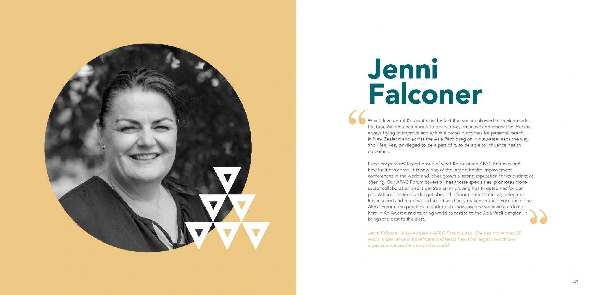 Jenni Falconer portrait spread on gold with teal typography