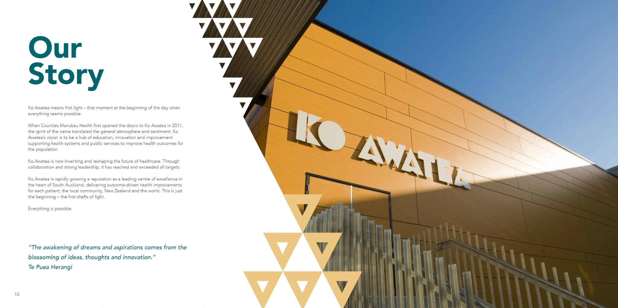 Our Story spread with building photography, geometric framing and a text column