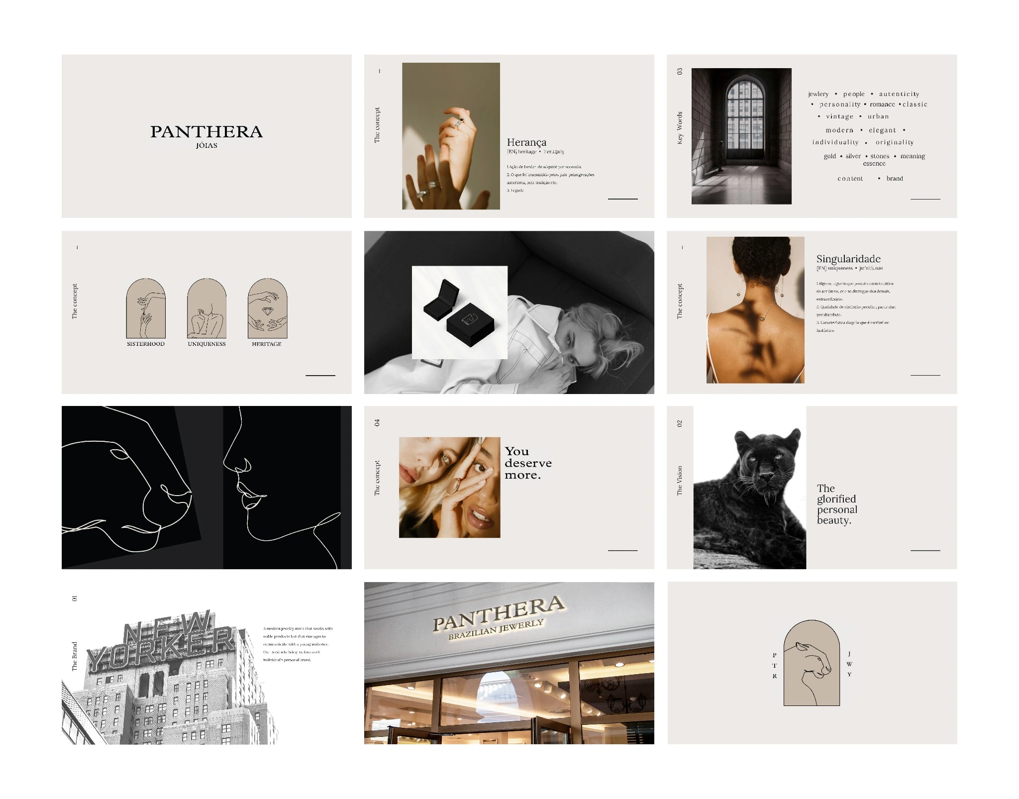 Overview of the Panthera identity presentation, concept references, typography, illustration and application mockups
