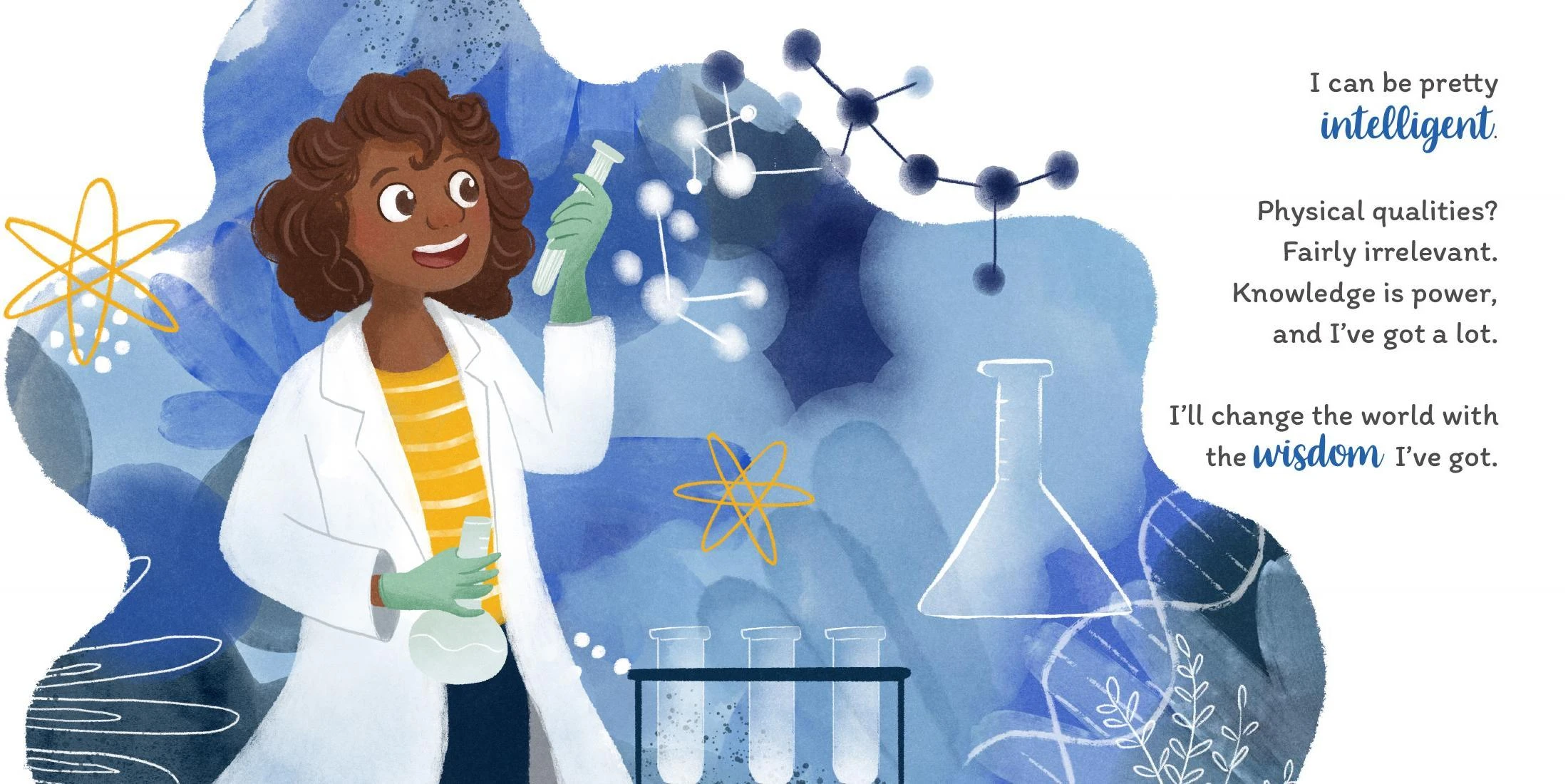 Girl imagined as a scientist, beside the finished poem layout