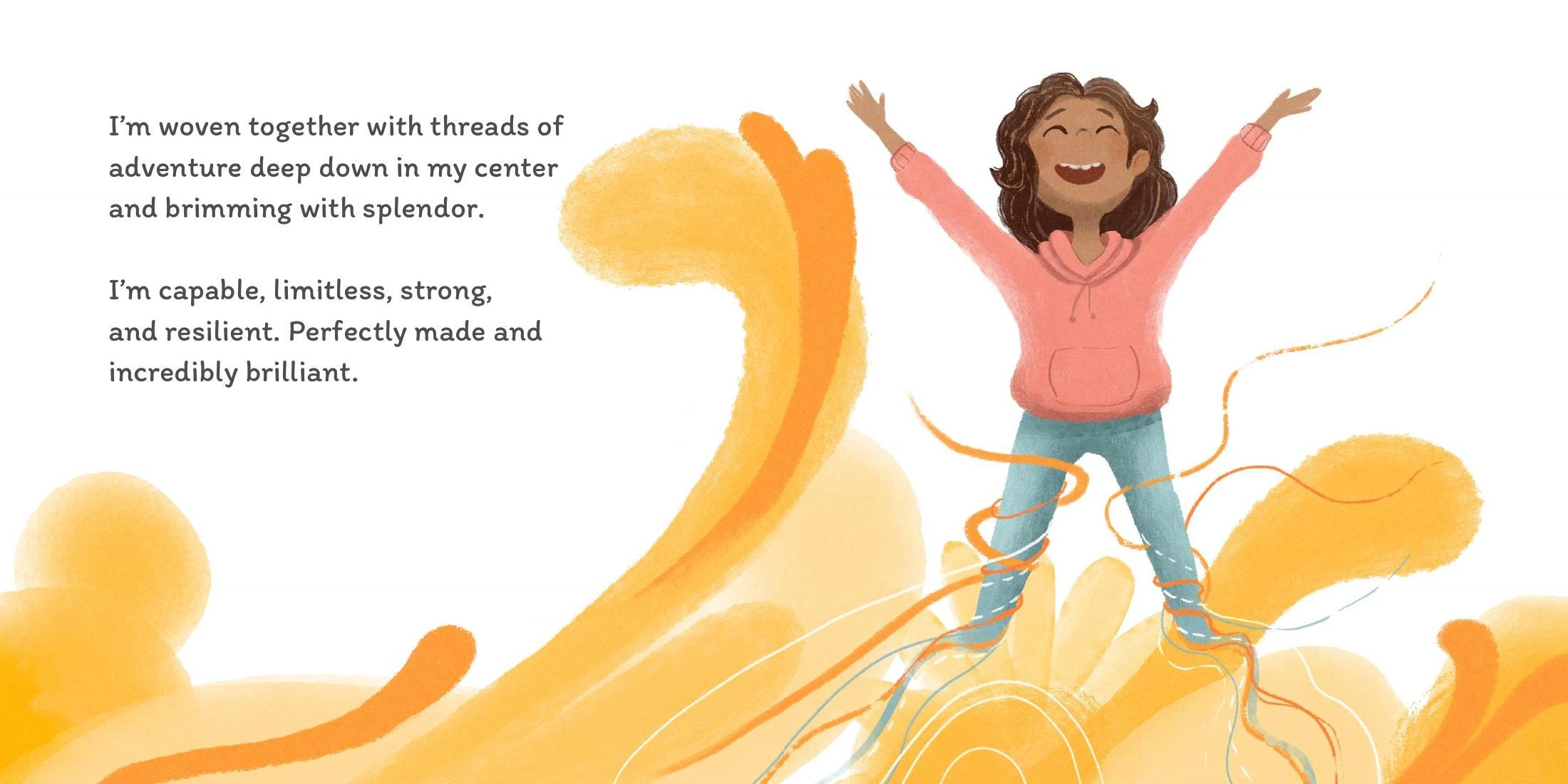 Girl leaping across flowing yellow shapes alongside the verse