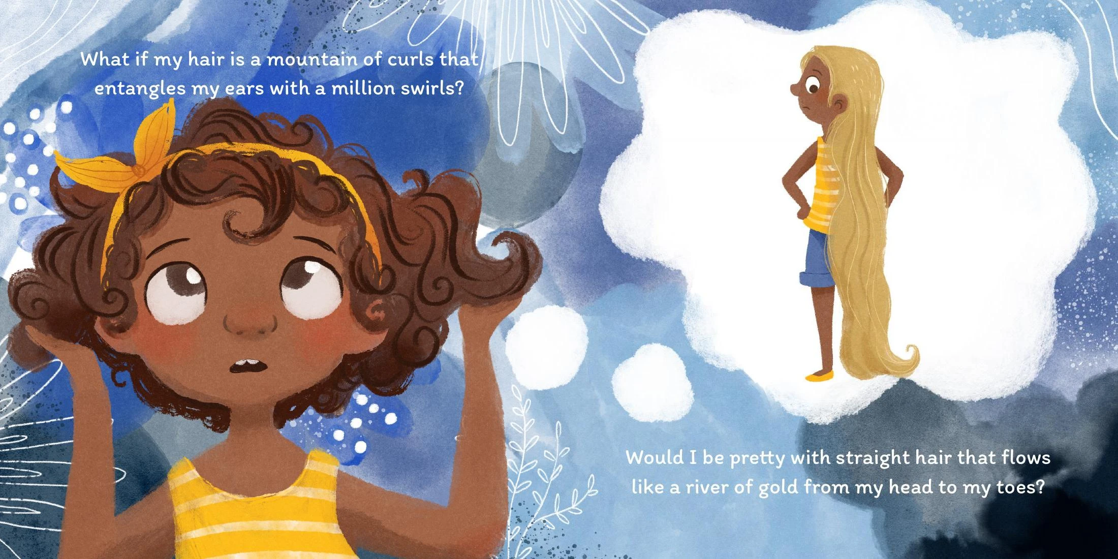 Curly-haired girl imagining straight hair, with verse arranged across the spread