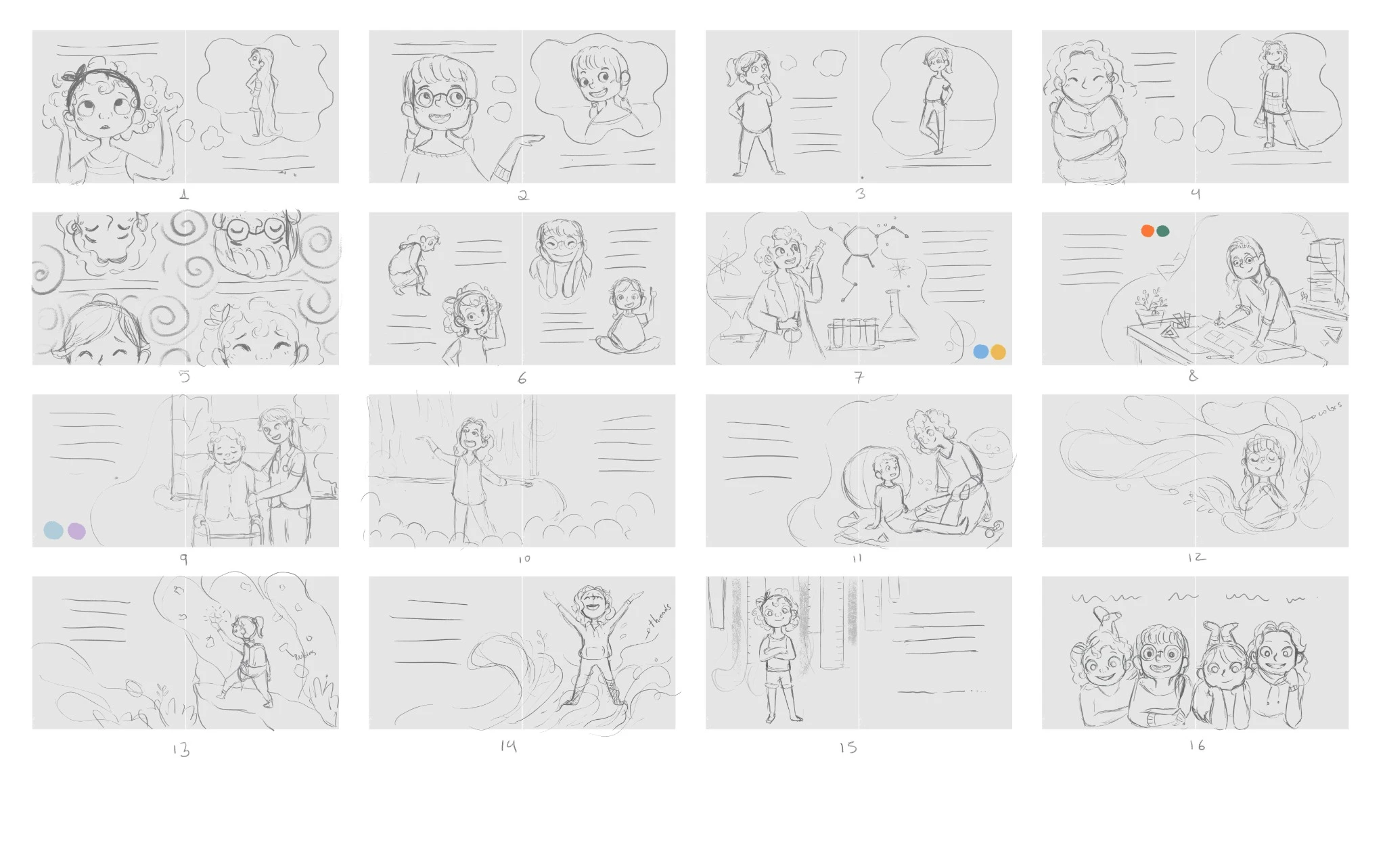 Sixteen pencil storyboard spreads showing character concepts, page compositions and text positions