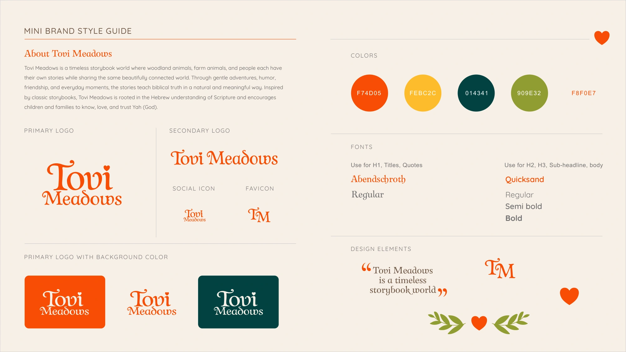Tovi Meadows mini brand guide showing logo variants, five colors, typography and decorative elements