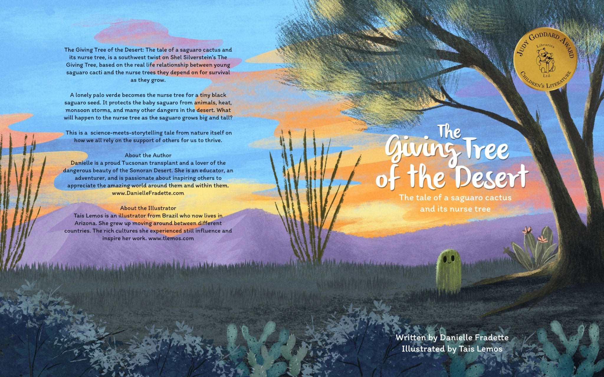 Full illustrated cover wrap for The Giving Tree of the Desert, with sunset, palo verde and young saguaro