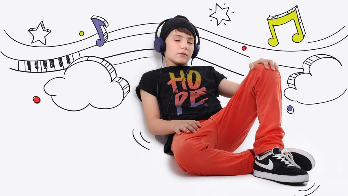 Child wearing headphones surrounded by illustrated musical notes and a keyboard