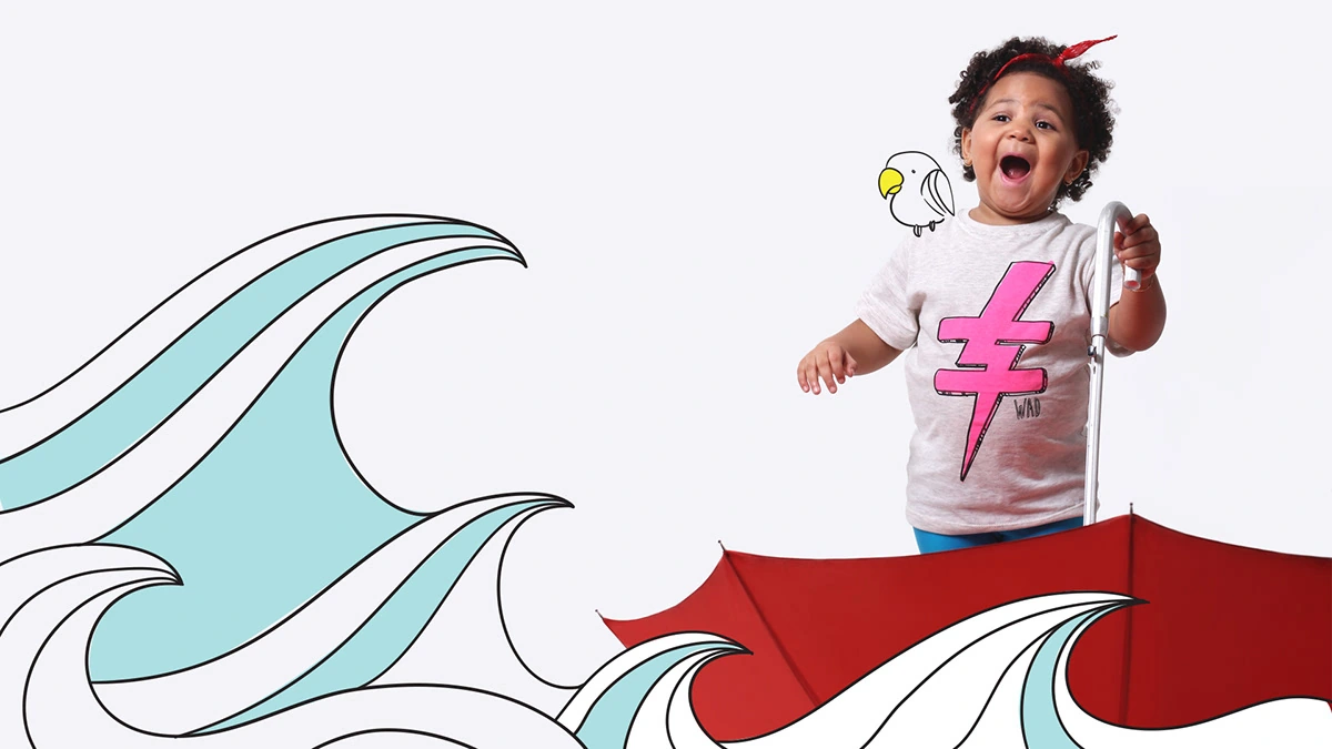 Child holding an umbrella transformed into a boat amid illustrated waves