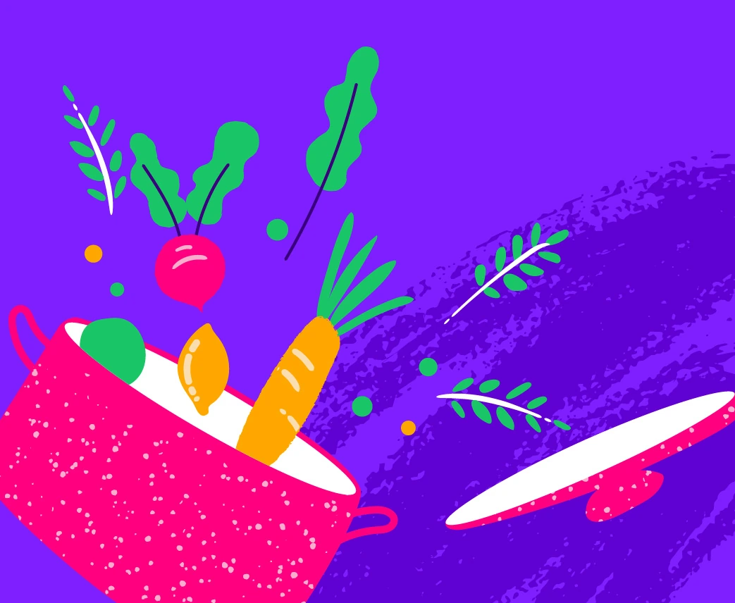 Yahoo! newsletter illustration: vegetables tumbling into a colorful cooking pot