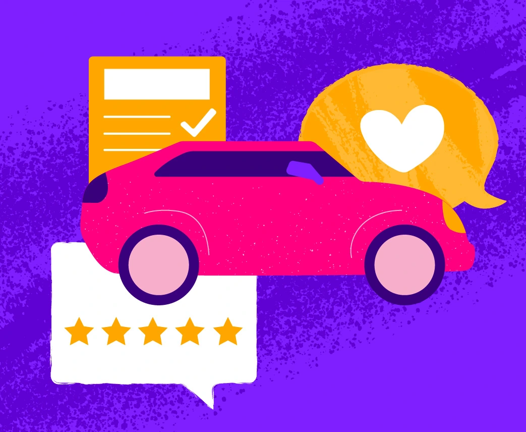 Pink car with review stars and speech bubbles