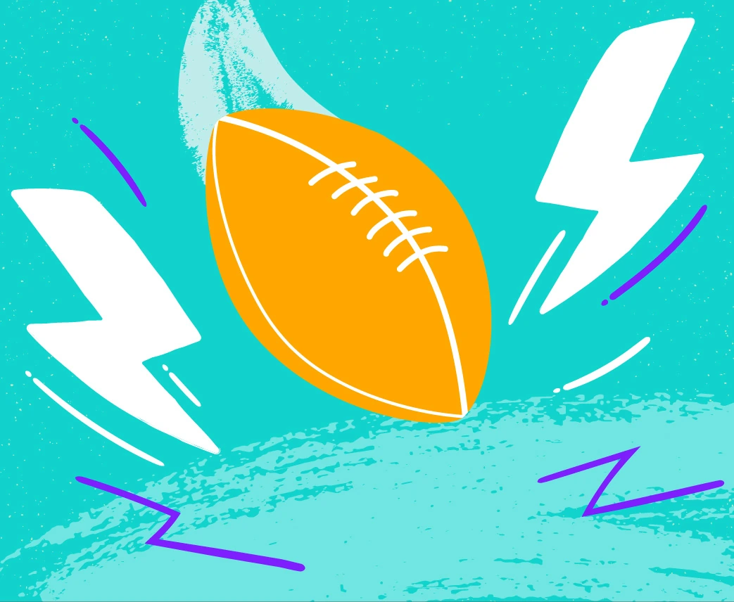 An orange football framed by lightning bolts