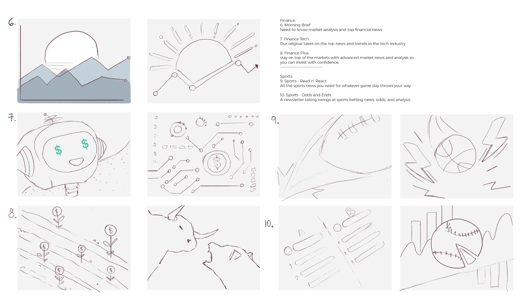 Concept sketches and topic notes for Morning Brief, Finance Tech, Finance Plus and sports newsletters